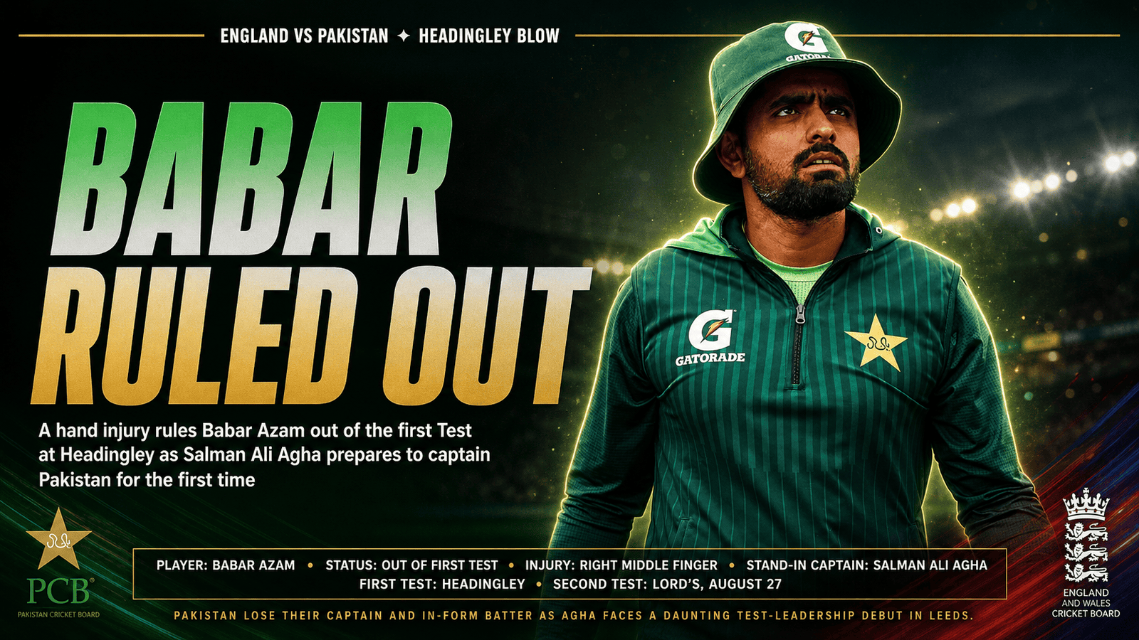 Babar Azam ruled out first Test