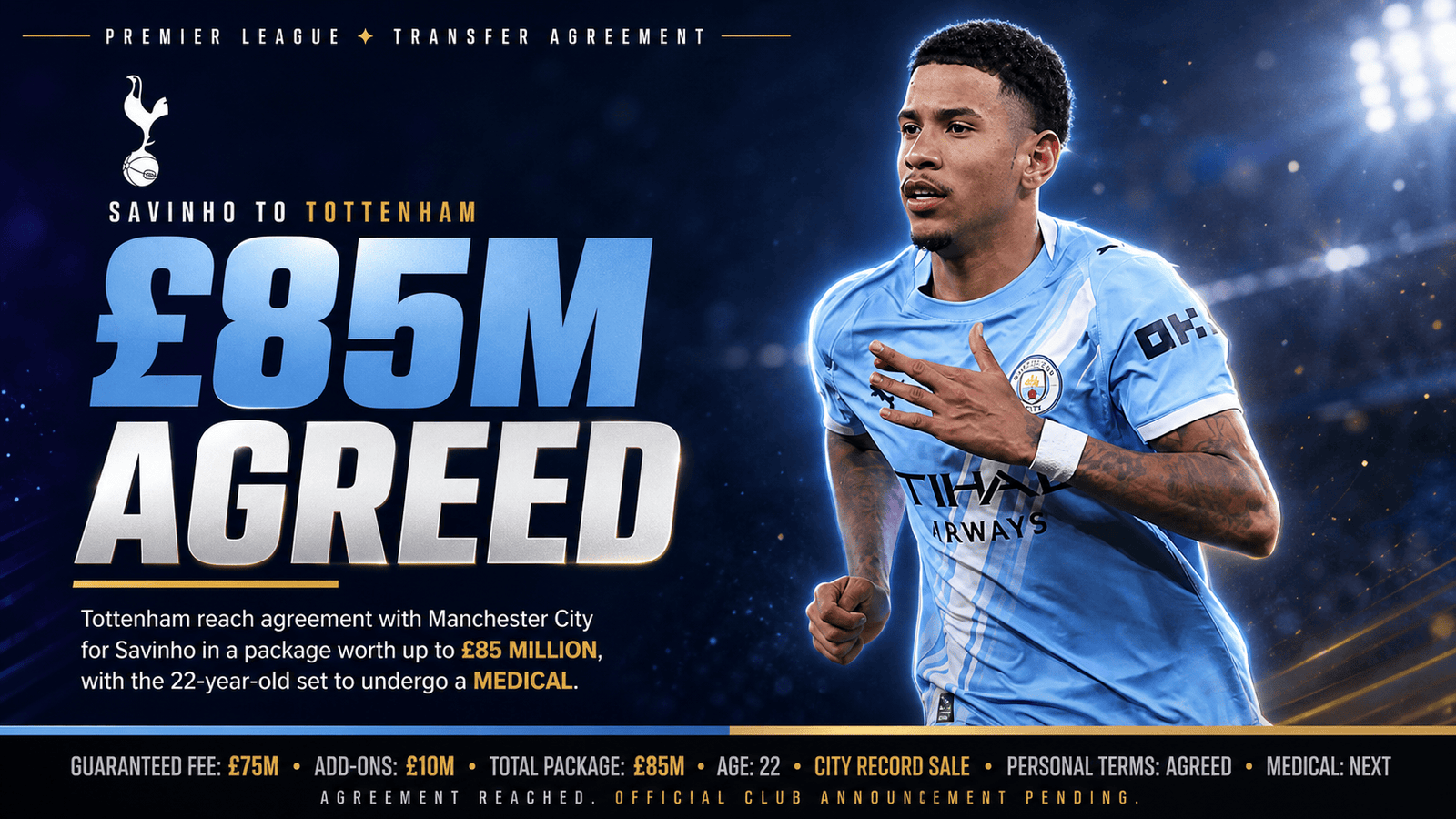 Savinho Tottenham transfer 85 million